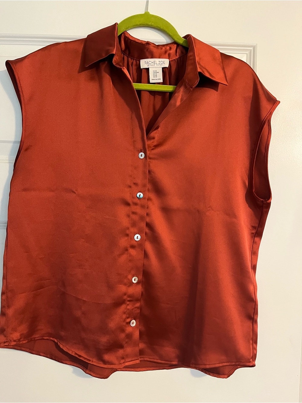 Rachel Zoe Burnt Orange Satin Cap-Sleeve Button-Down Blouse